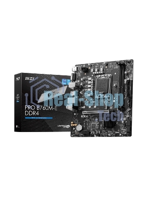 Материнская плата MSI PRO B760M-E DDR4, LGA 1700, Intel B760, 2xDDR4, 4xSATA, 1xM.2, 1xPCIe 4.0 x16, 1xPCIe 4.0 x1, 1xHDMI, 1xVGA, 1x1Gb LAN, 2xUSB-A 3.2 Gen 1, 4xUSB-A 2.0, 3x3.5 мм, 7.1, mATX