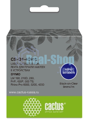 Картридж ленточный Cactus CS-D1-40910 9мм, черный шрифт, прозрачный фон, 7м для DYMO LM 160, 210D, 280, PnP, 420P, 500 TS; Rhino Pro 6000, 5200, 4200