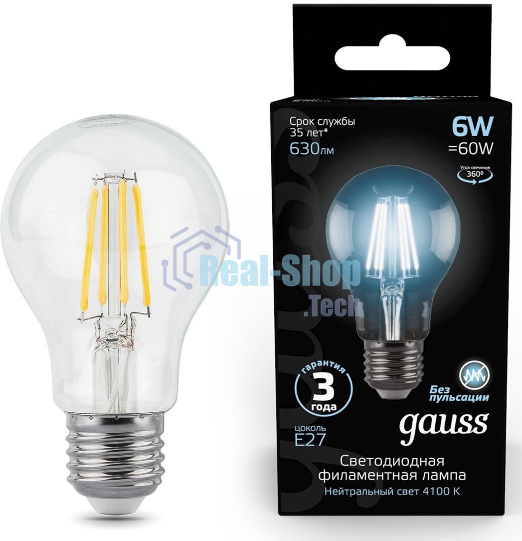Лампа светодиодная Gauss 102802206LED Filament А60 Е27 6Вт 4100к 1/10/40