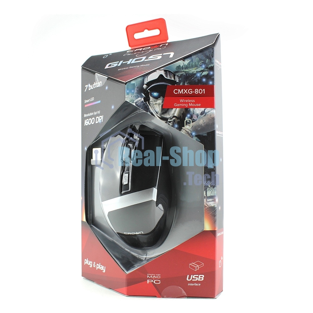 Мышь беспроводная Crown Gaming CMXG-801 черный, 1600 dpi, радиоканал, USB, кнопки - 7