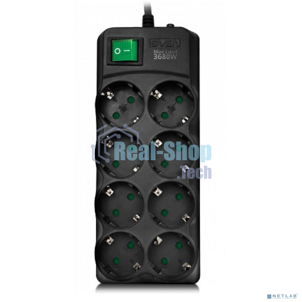 Сетевой фильтр SVEN SF-08E-16 (3 м 8 розеток с защитными шторками,16А) черный, цветная коробка