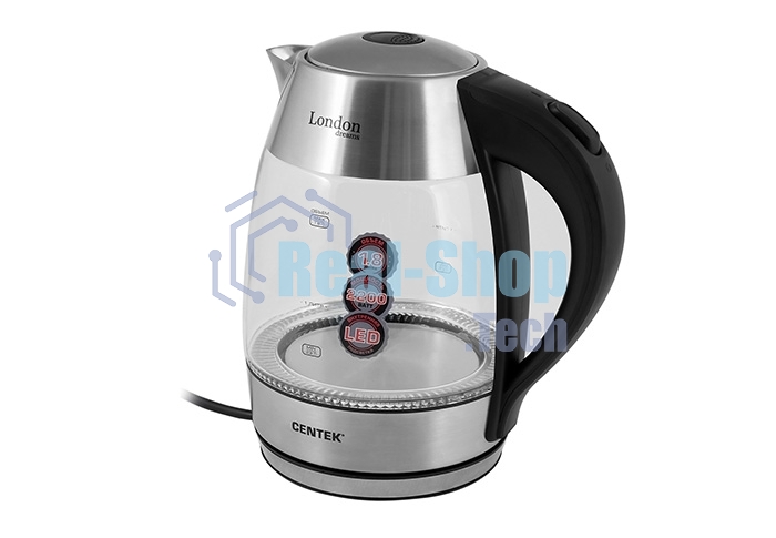 Чайник электрический Centek CT-0059 London, стекло, 1.8л, 2200Вт, LED-подсветка, отделка нерж.