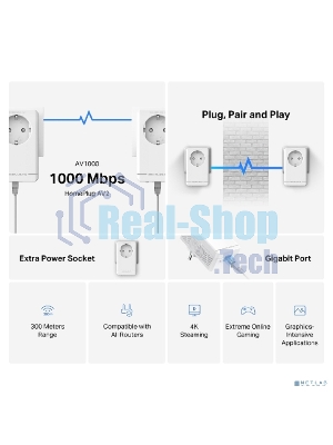 Комплект гигабитных адаптеров Powerline с розеткой Mercusys MP500P KIT