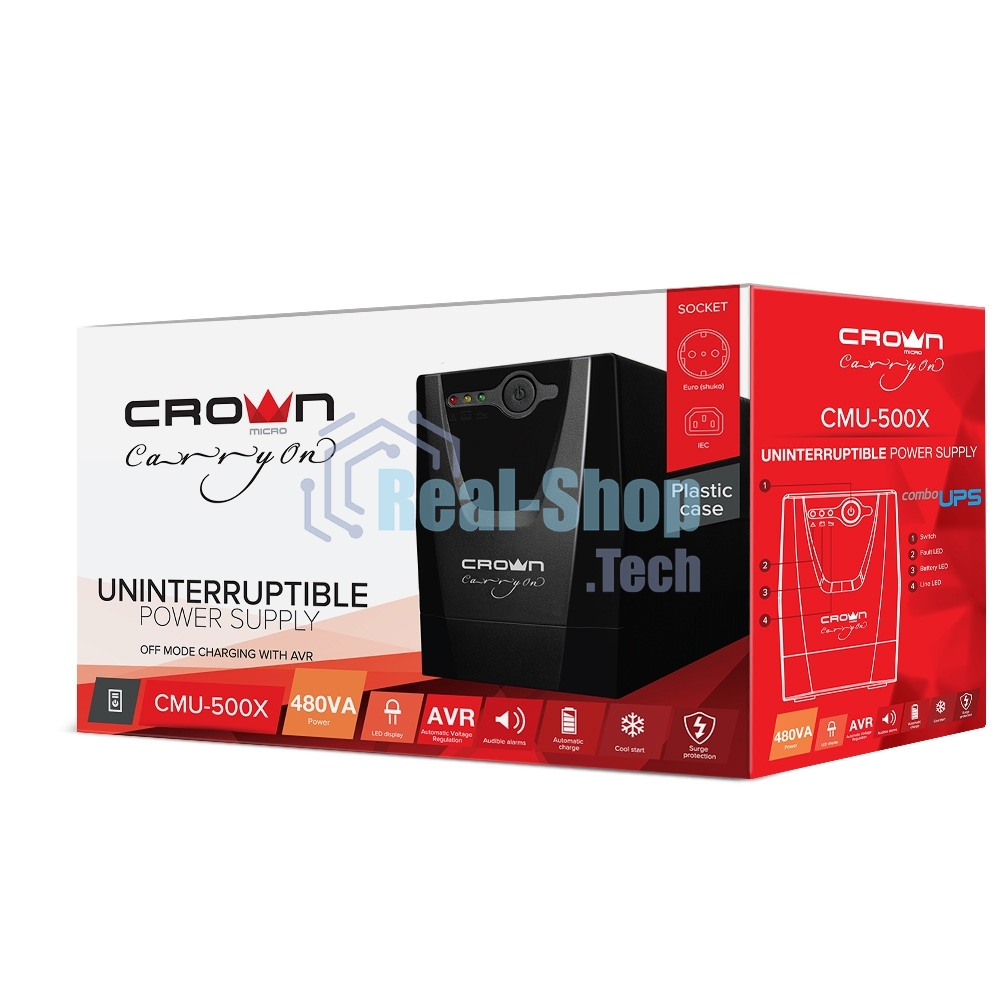 Источник бесперебойного питания Crown CMU-500X / 480 ВА / 240 Вт / Euro + IEC-320