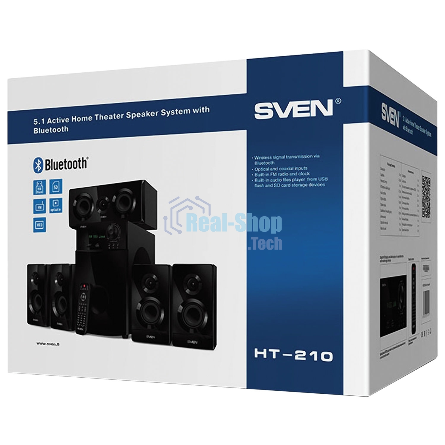 Аудиоколонки SVEN HT-210, черный, акустическая система 5.1, мощность (RMS):50Вт+5x15Вт, Bluetooth, Optical, Coaxial, FM-тюнер, USB/SD, дисплей, ПДУ