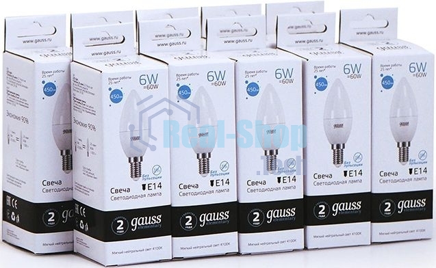 Лампа светодиодная Gauss Elementary 6Вт цок.: E14 свеча 220B 4100K св. свеч. белый. ней. C37 (упак.: 10 шт)