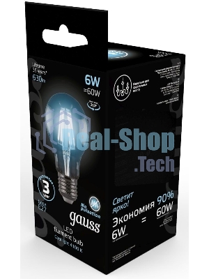 Лампа светодиодная Gauss 102802206LED Filament А60 Е27 6Вт 4100к 1/10/40