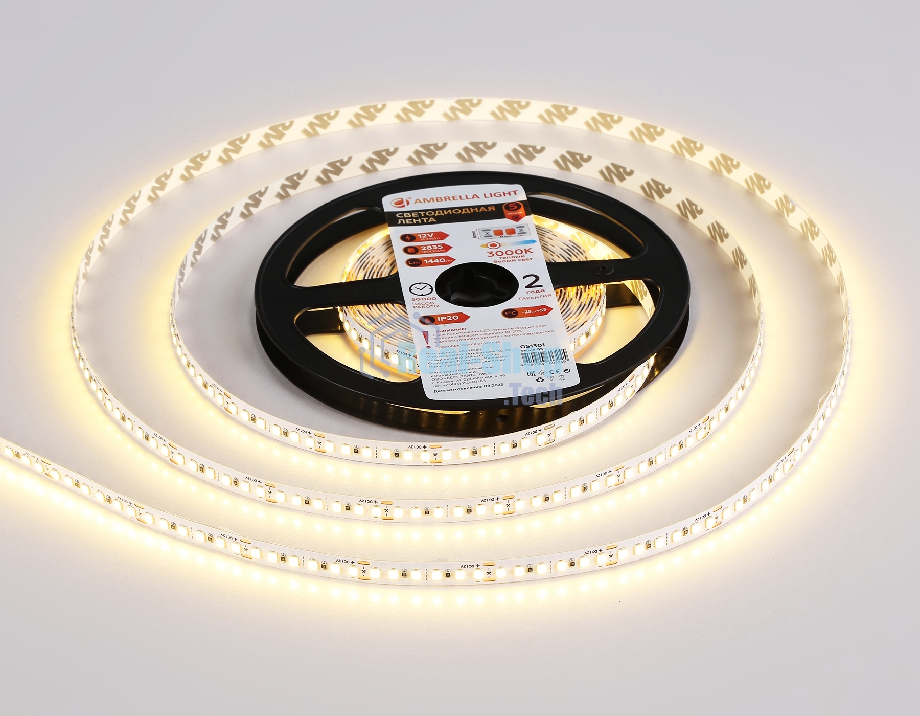 Светодиодная лента Ambrella light GS1301 2835 180Led/ 14.4W m/ 12V IP20 3000K/ 5000*8*1.2mm (2 конт.)