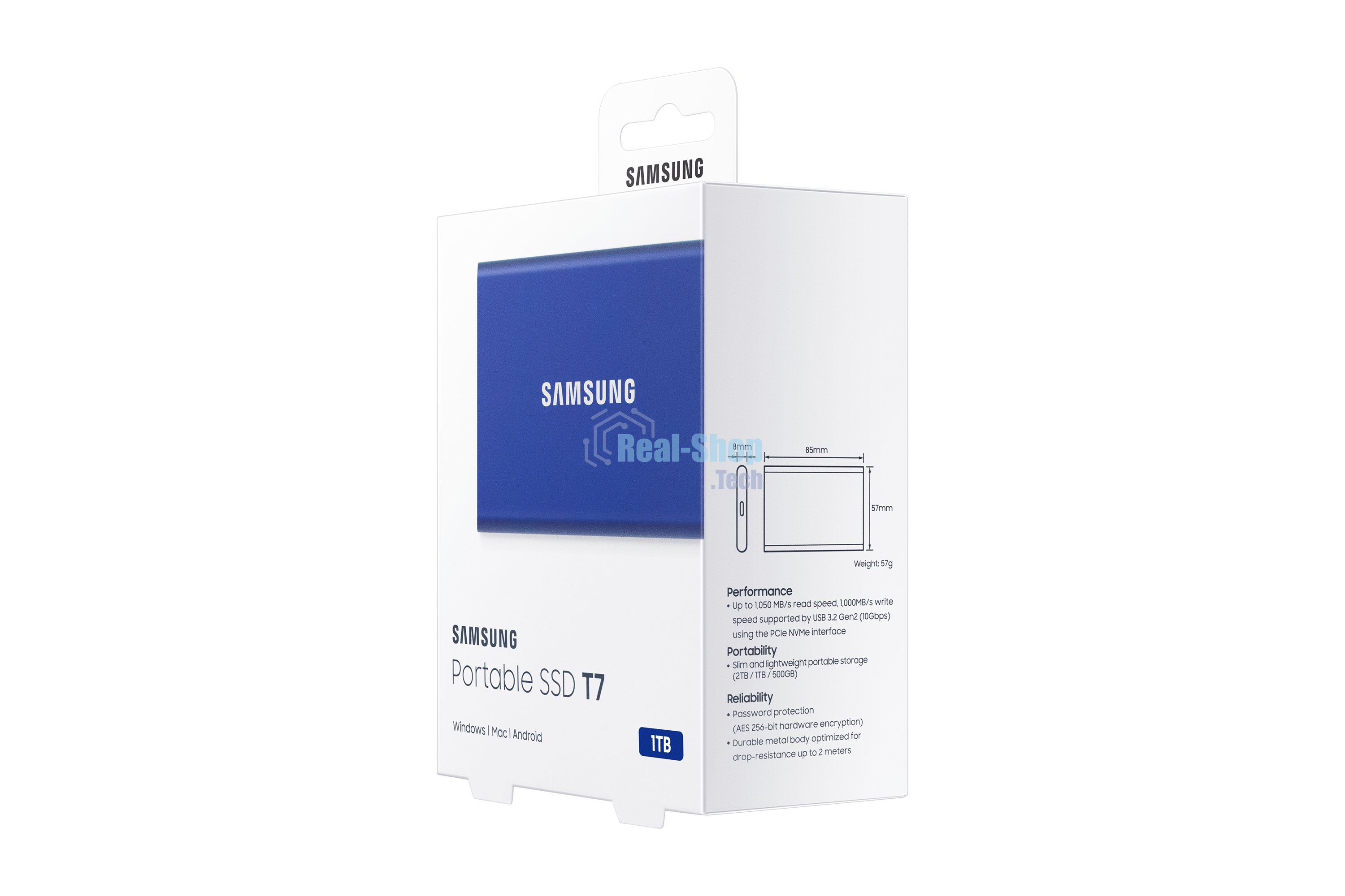 Внешний SSD Samsung T7, 1TB, USB 3.2 Gen 2 Type-C, R/W 1050/1000, синий