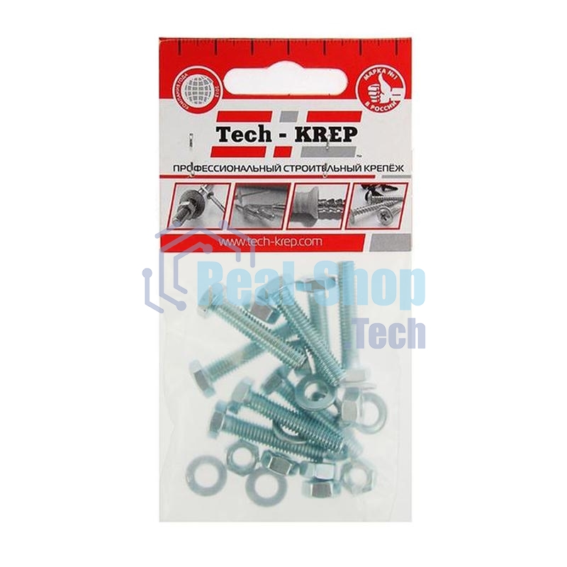 Болт М6х30 с шестигранной головкой цинк. с гайк. и шайб. DIN 933 (уп.8шт) класс прочности 8.8. пакет Tech-Krep 114051