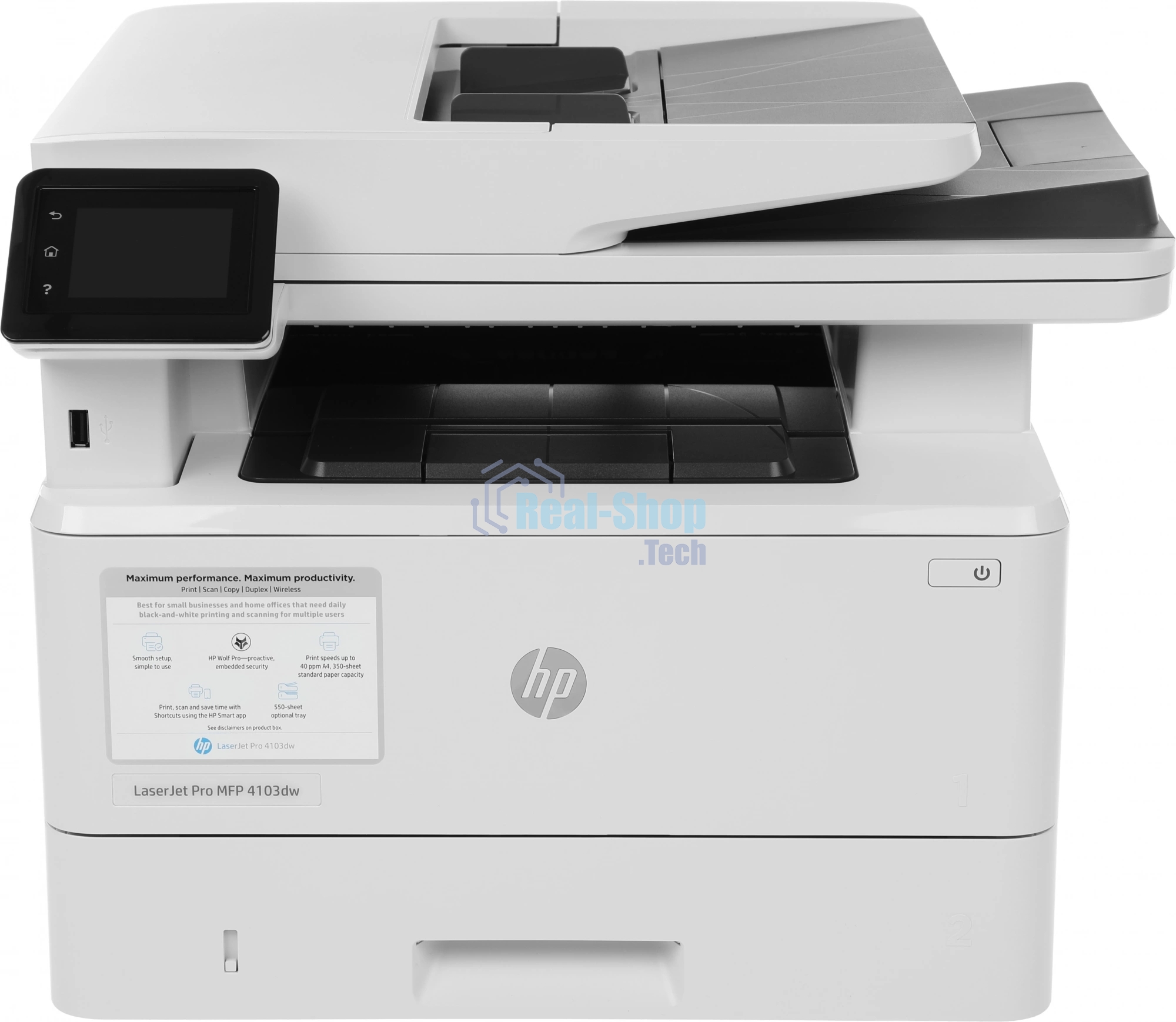 МФУ лазерное HP LaserJet Pro 4103dw (2Z627A), A4, ч/б, печ. до 40 стр/мин., скан. до 29 стр/мин. (ч/б) 20 стр/мин. (цвет), 1200 x 1200 dpi, USB, RJ-45, Wi-Fi, Air Print, Mopria