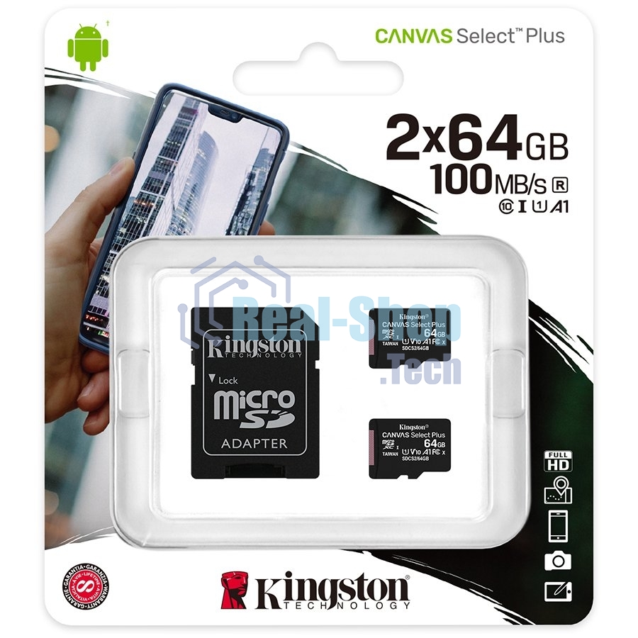 Флеш карта microSDHC 64Gb microSDXC Class10 Kingston SDCS2/64Gb-2P1A Class10 UHS-I Canvas Select up to 100Mb/s с адапт.