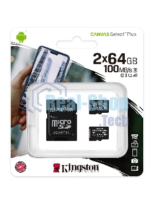 Флеш карта microSDHC 64Gb microSDXC Class10 Kingston SDCS2/64Gb-2P1A Class10 UHS-I Canvas Select up to 100Mb/s с адапт.