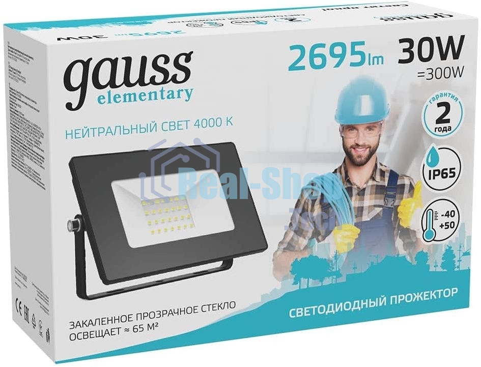 Прожектор светодиодный Gauss Elementary 30W 2695lm 4000К 200-240V IP65 черный LED