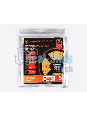 Светодиодная лента Ambrella light GS1301 2835 180Led/ 14.4W m/ 12V IP20 3000K/ 5000*8*1.2mm (2 конт.)