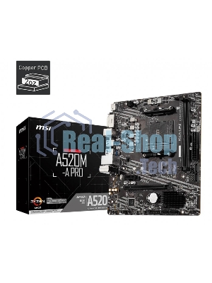 Материнская плата MSI A520M-A PRO, AM4, AMD A520, 2xDDR4, 4xSATA, 1xM.2, 1xPCIe 3.0 x16, 1xDVI-D, 1xHDMI, 1x 1Gb LAN, 2xUSB 2.0, 4xUSB 3.2 Gen 1, 3x3.5 мм, 7.1, mATX