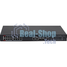 Коммутатор 20-портовый гигабитный управляемый с PoE Dahua DH-S4220-16GT-240, уровень L2, 16xRJ45 1Gb PoE, 2xRJ45 1Gb, 2xSFP 1Gb, суммарно до 240Вт, коммутация 56 Гбит/с, MAC-таблица 8к, металл