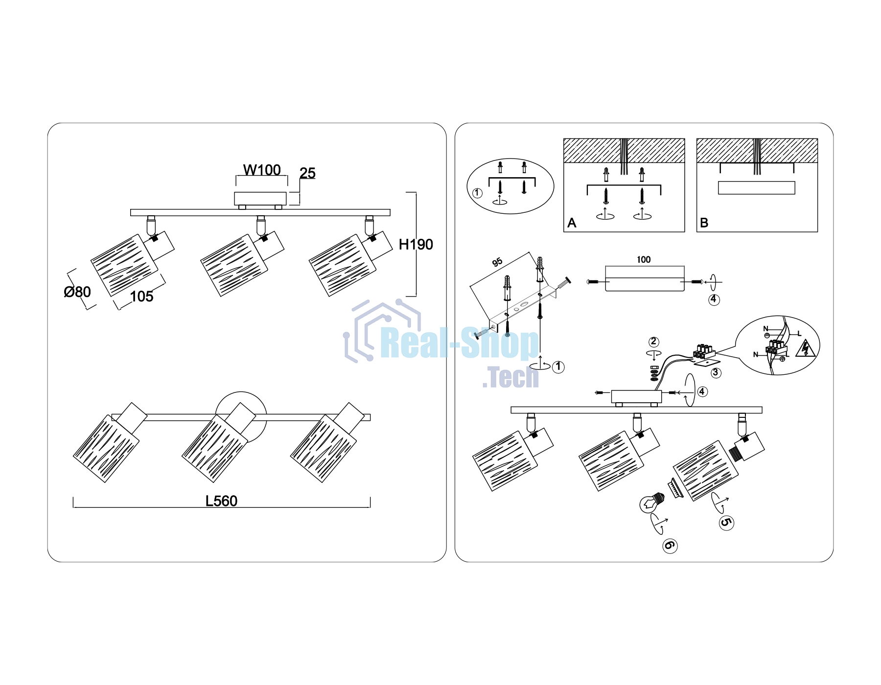 Светильник Ambrella light TR8669/3 BK/SB чёрный/бронза E14/3 max 60W 560*100*190