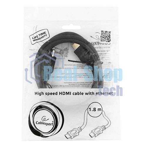 Кабель Cablexpert HDMI CC-HDMI4L-6, 19M/19M, v2.0, серия Light, позол.разъемы, экран, 1.8м, черный, пакет