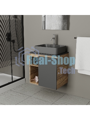Тумба Bau Dream Blackwood 60 правая, графит, раковина BAU Cerama 48х37 темно-серая матовая, смеситель Hotel Dream, нерж. сталь