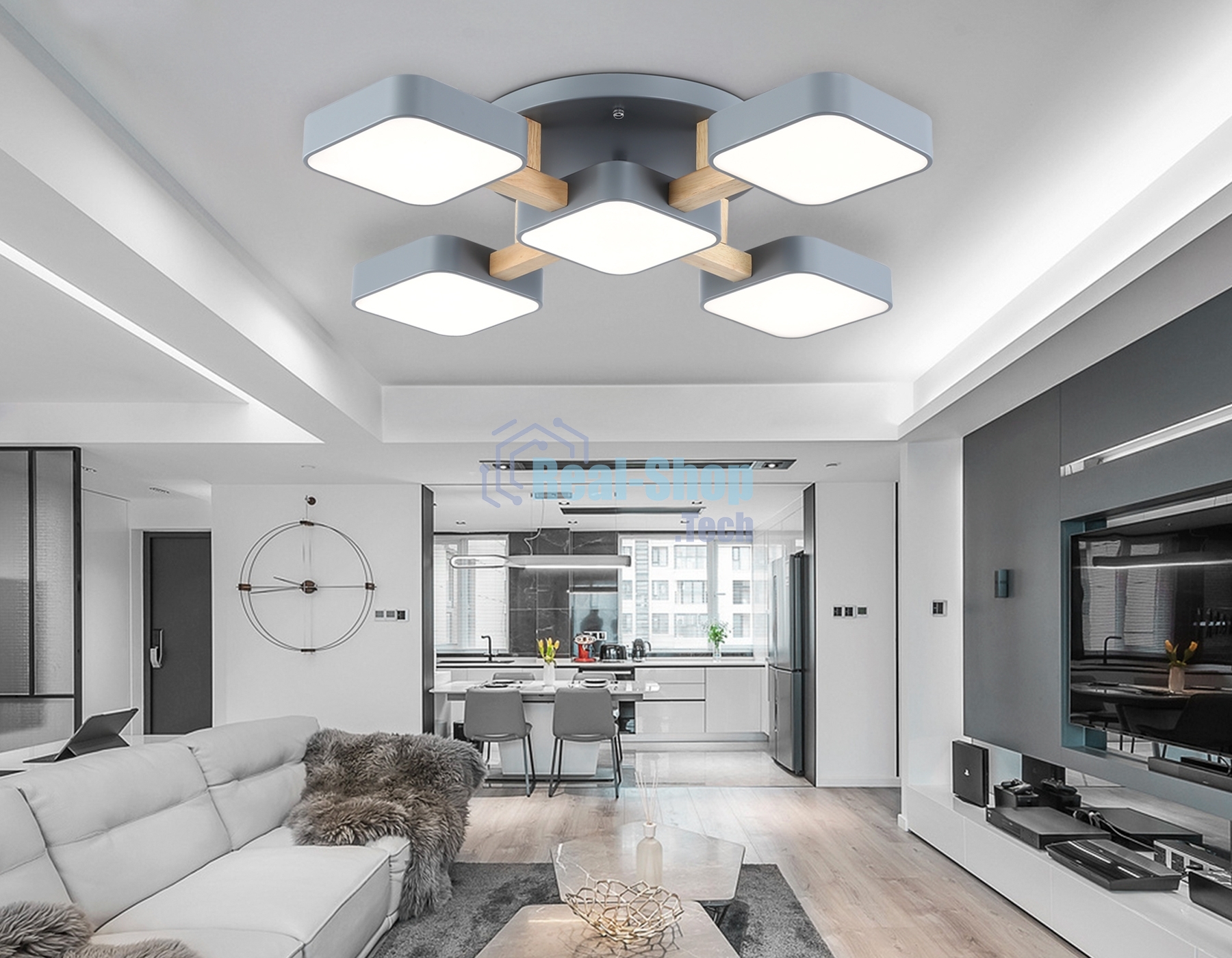 Светильник Ambrella light FL4882/5 GR/WD серый/дерево 90W 3000-6000K 675*675*110 (без ПДУ)