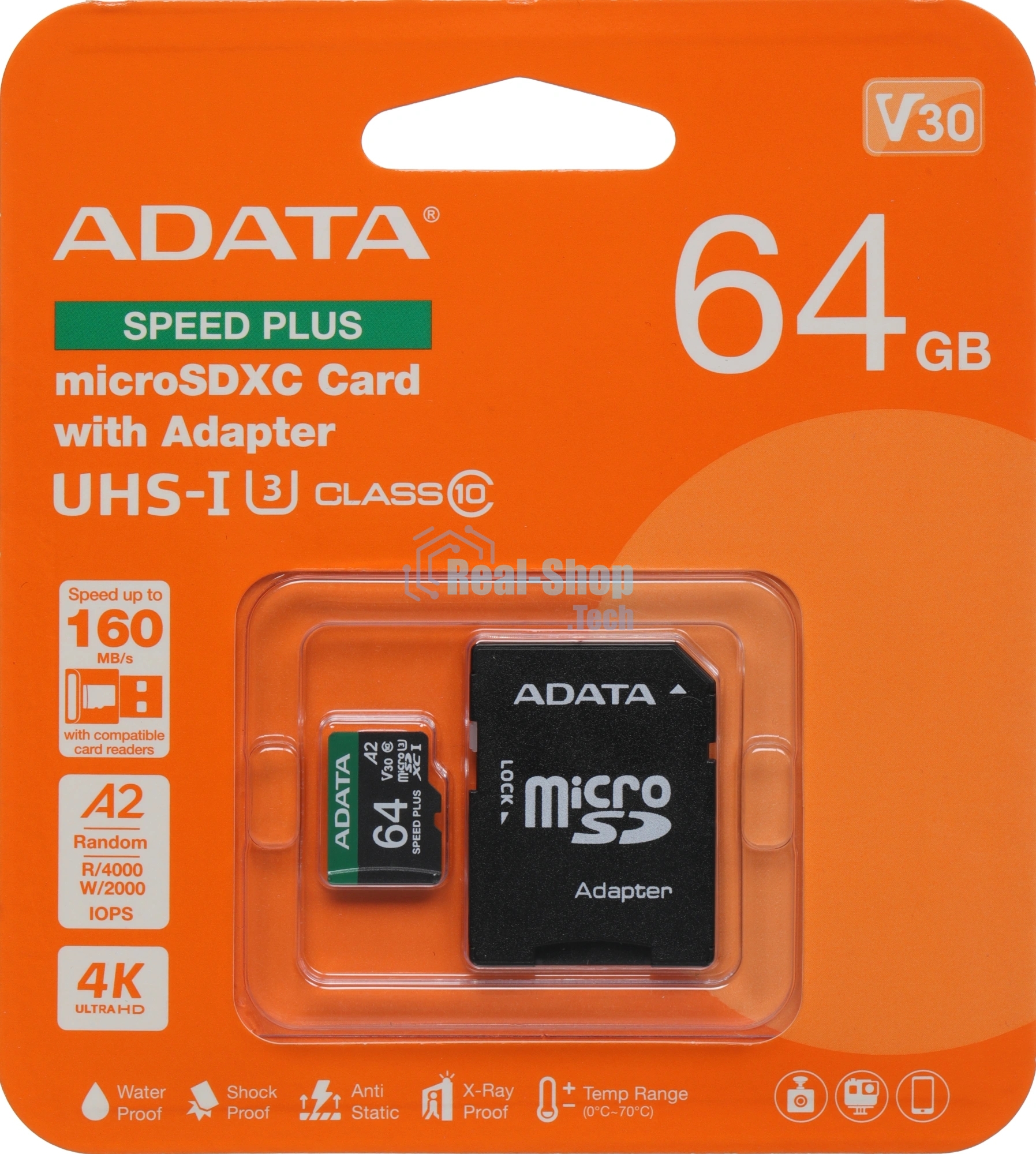 Флеш карта microSD A-DATA 64Gb microSDXC Class 10 UHS-I U3 V30 A2 160/140 MB/s (SD адаптер)