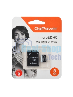 Флеш карта microSD GoPower 8Gb Class10 15 МБ/сек V10, адаптер в комплекте