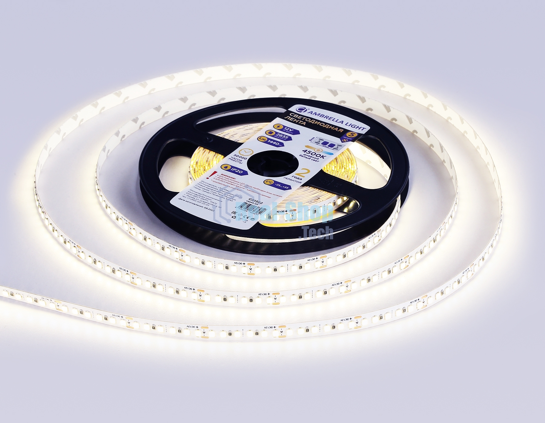 Светодиодная лента Ambrella light GS1302 2835 180Led/ 14.4W m/ 12V IP20 4500K/ 5000*8*1.2mm (2 конт.)