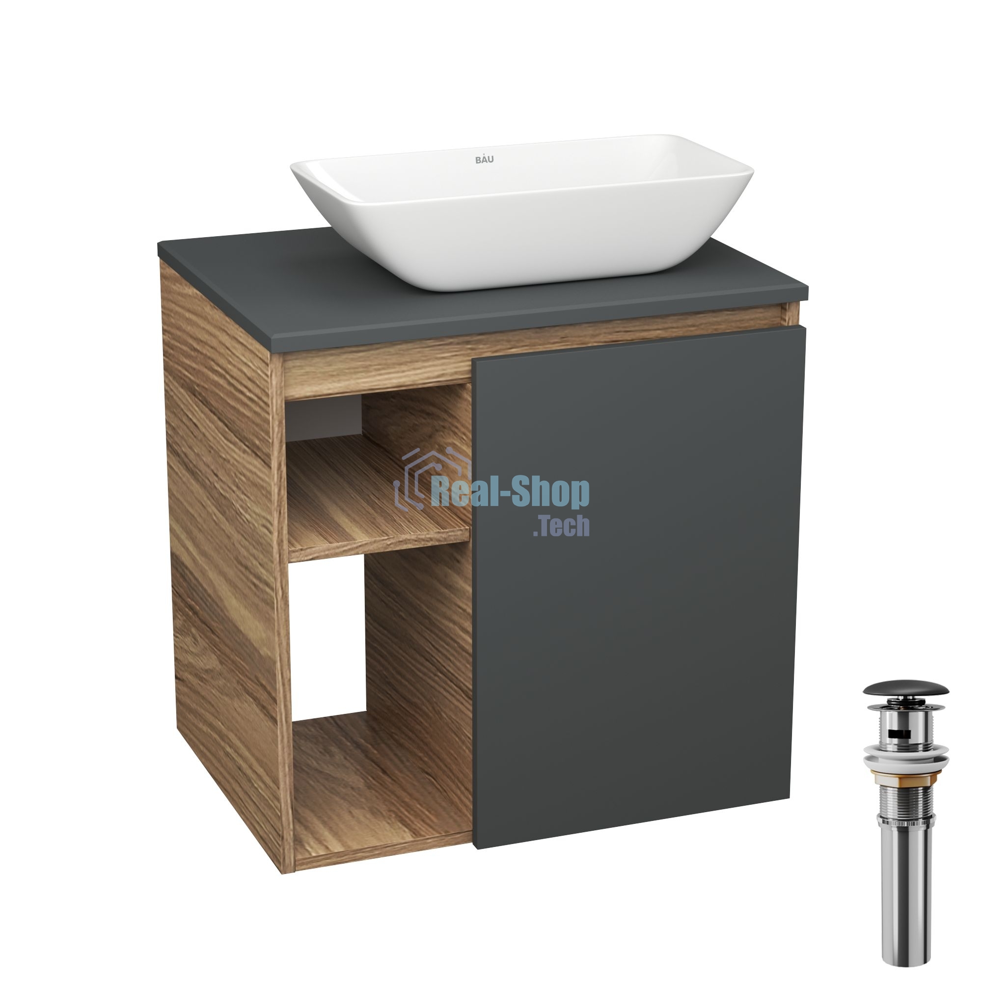 Тумба Bau Dream Blackwood 60 правая, графит, раковина BAU Spectrum mini 47х24 выпуск клик клак, черный