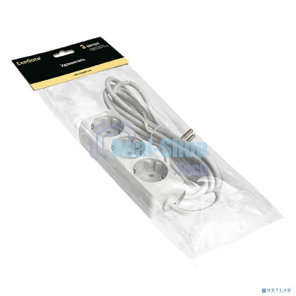 Удлинитель ExeGate ECE-3-3W (EX285806RUS), белый, 3 м, Евровилка с заземлением, 3 евророзетки с заземлением, 2200 Вт