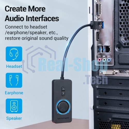 Внешняя звуковая карта Vention USB c регулятором громкости Черная