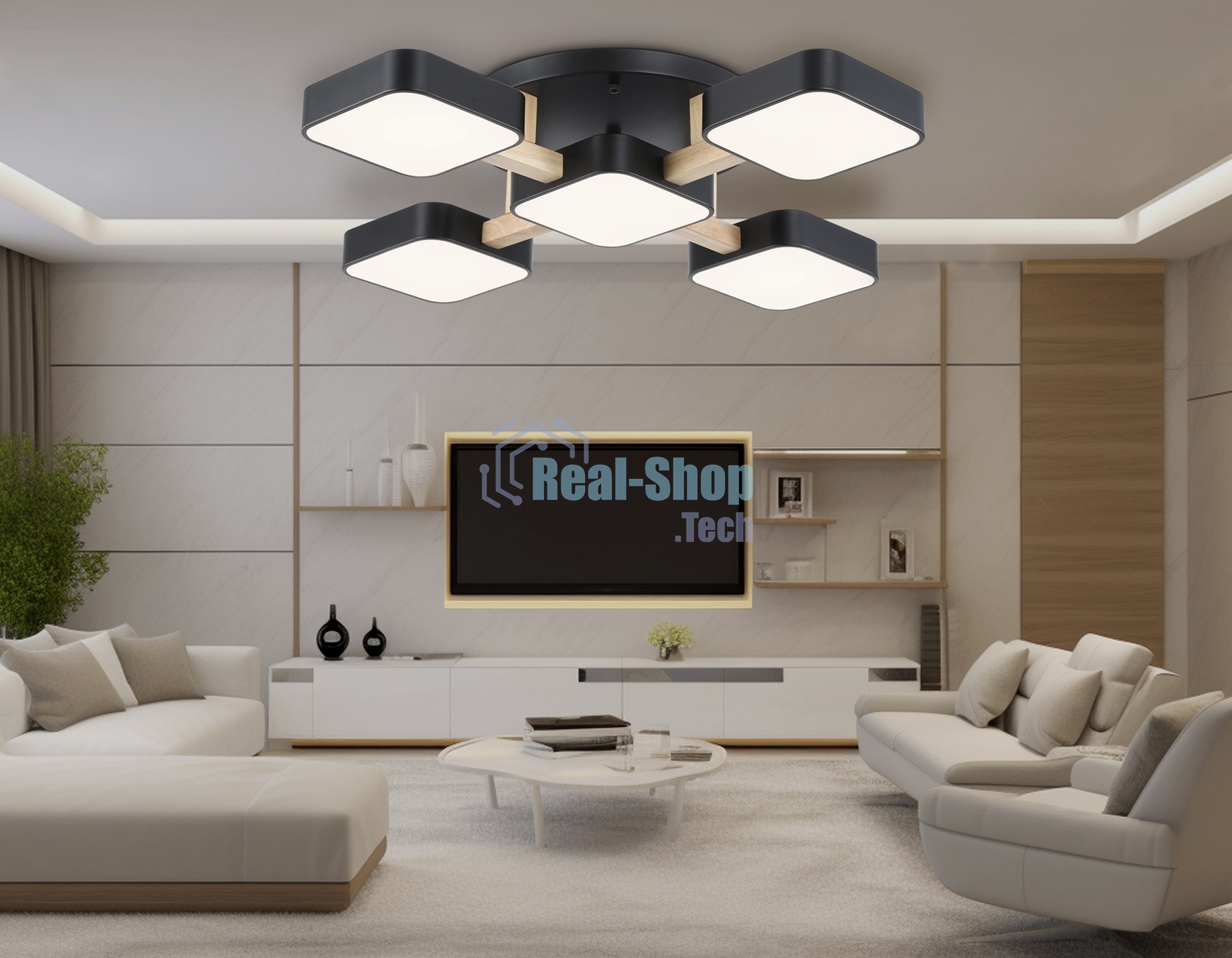 Светильник Ambrella light FL4883/5 BK/WD черный/дерево 90W 3000-6000K 675*675*110 (без ПДУ)