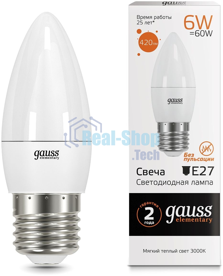 Лампа светодиодная Gauss Elementary 6Вт цок.:E27 свеча 220B 3000K св.свеч.бел.теп. C37 (упак.:10шт)
