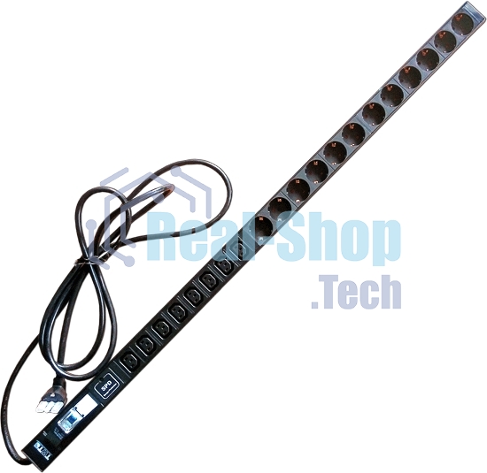 Вертикальный блок розеток, 4xC19 + 20xC13, 250V, 32A, A/V-метр, шнур 3 метра, вилка IEC309