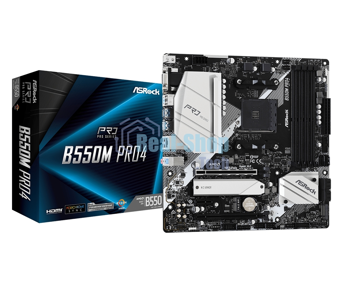 Материнская плата ASRock B550M Pro4, AM4, AMD B550, 4xDDR4, 6xSATA, 2xM.2, 1xPCI-E 3.0 x16, 1xPCI-E 4.0 x16, 1xDisplayPort, 1xHDMI, 1xVGA, 1x 1Gb LAN, 3x3.5 мм, 7.1, Micro-ATX
