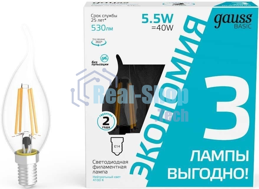 Лампа светодиодная Gauss Basic 1041126T 5.5Вт цок.: E14 свеча 240B 4100K св. свеч. белый. ней. (упак.: 3 шт)