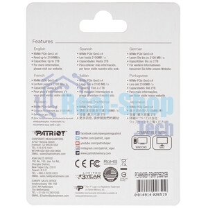 Накопитель SSD Patriot P300, 256Gb, PCIe 3.0 x4, M.2 2280, NVMe, R/W 1700/1100