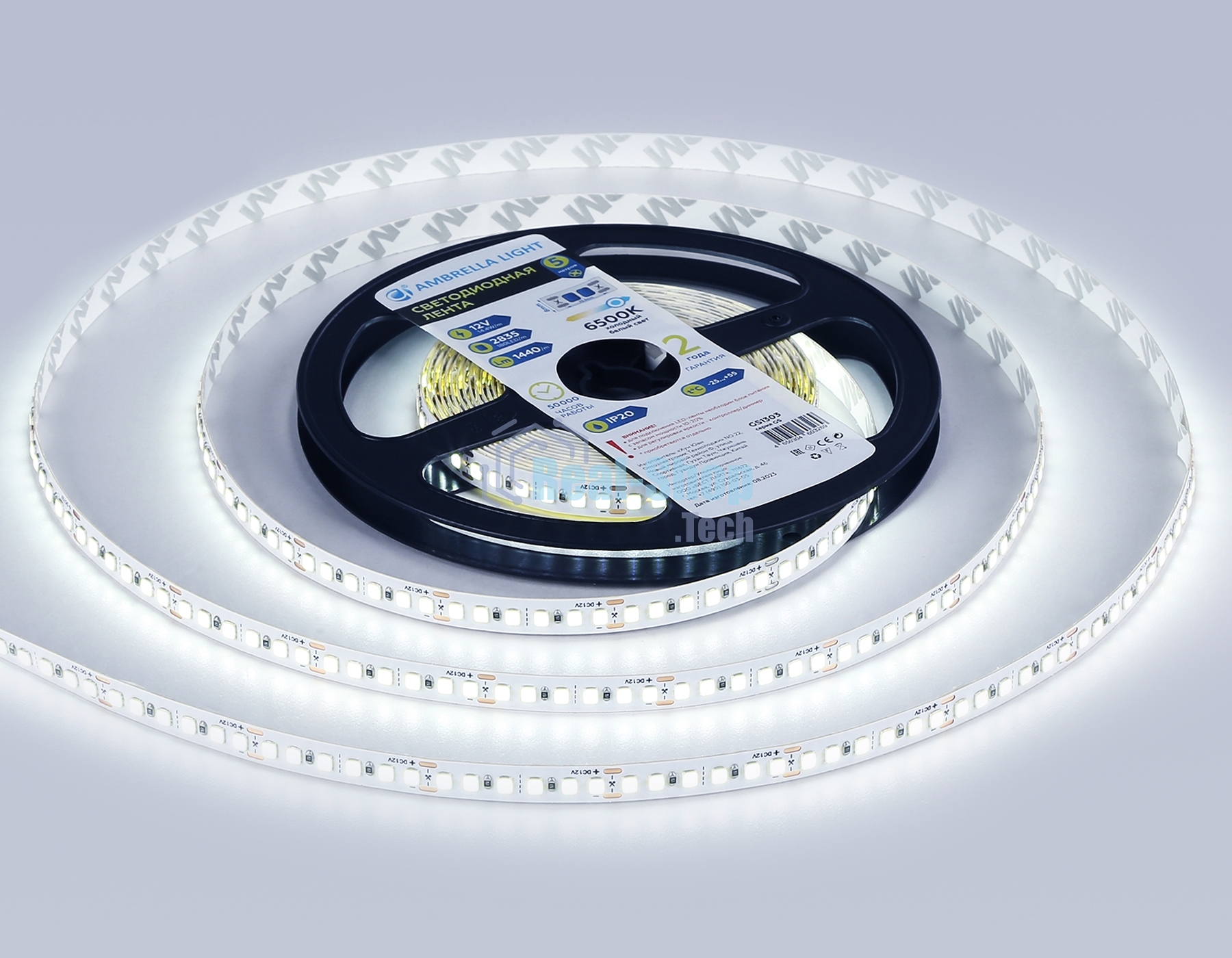 Светодиодная лента Ambrella light GS1303 2835 180Led/ 14.4W m/ 12V IP20 6500K/ 5000*8*1.2mm (2 конт.)