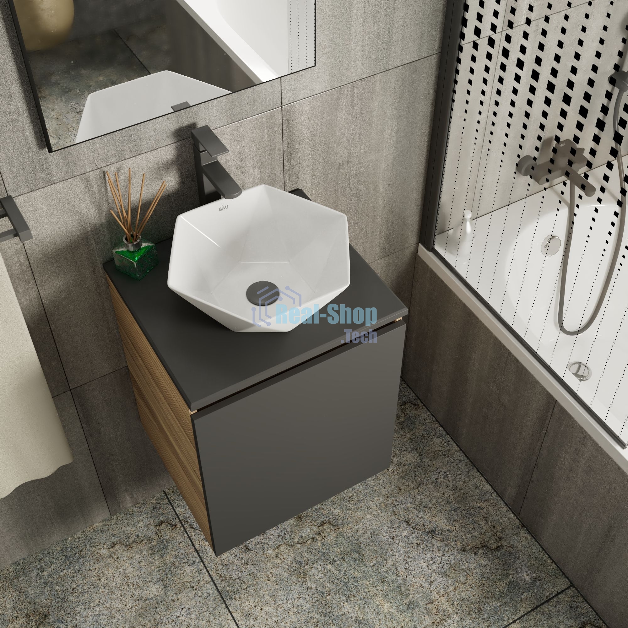Тумба Bau Dream Blackwood 50 графит, раковина BAU Crystal 40х40, смеситель для раковины высокий Hotel Black, черный, выпуск клик клак, черный