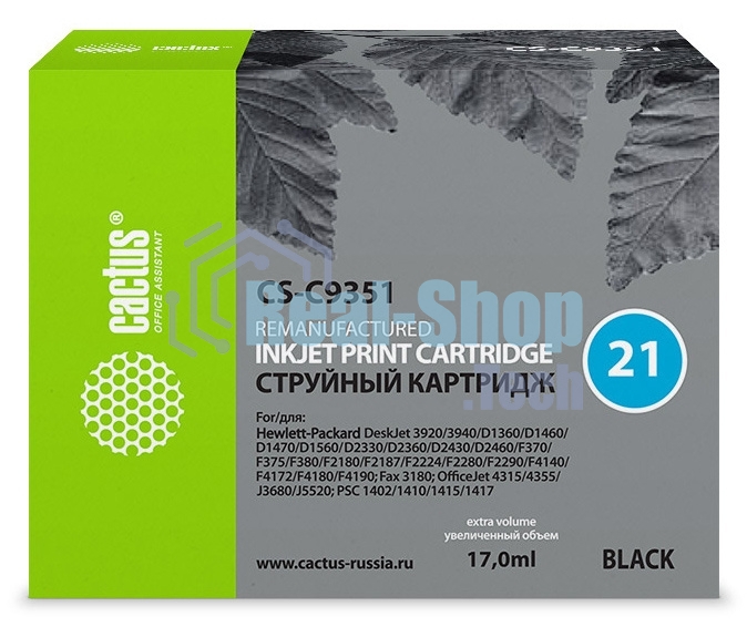 Картридж струйный Cactus CS-C9351 №21 черный (17 мл) для HP DJ 3920/3940/D1360/D1460/D1470/D1560/D2330/D2360/D2430/D2460/F370/F375/F380/F2180/F2187/F2224/F2280/F2290/F4140/F4172/F4180/F4190