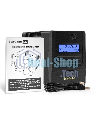 ИБП ExeGate Power Smart LB-600.LCD.AVR.2SH.USB (600VA/360W, LCD, AVR, 2*EU/Тип F(Schuko), USB, батарея 12V 7.2Ah, Black)