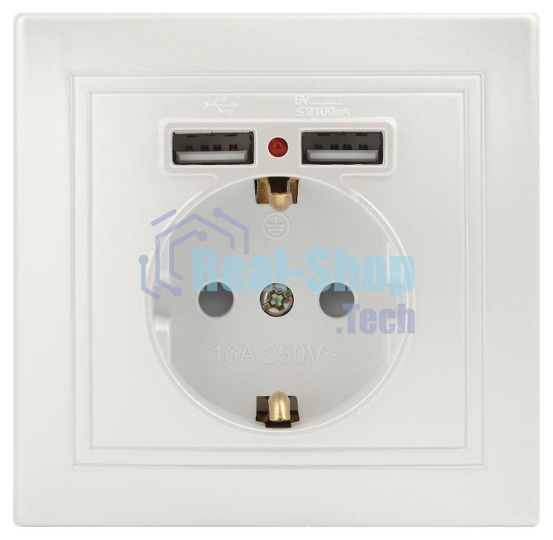 Розетка Intro Plano 1-410-06 с заземлением 2P+E Schuko со шторками, 16А-250В + 2хUSB 5В-2,1А, IP20, СУ, перламутр
