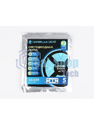 Светодиодная лента Ambrella light GS1303 2835 180Led/ 14.4W m/ 12V IP20 6500K/ 5000*8*1.2mm (2 конт.)