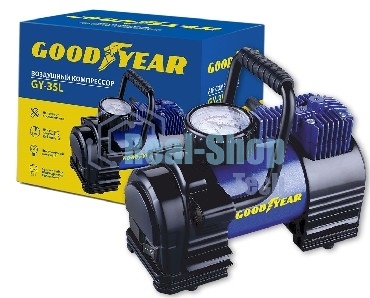 Компрессор GOODYEAR GY000102 GY-35L 35 л/мин Мощность - 168 Вт, Производительность - 35 л/мин, Максимальное токопотребление - 14 А, Максимальное давление - 7 Атм, Длина провода питания: 3 м, Длина воздушного шланга: 1 м. Сумка и набор переходников в комплекте.