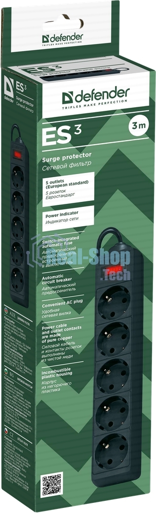 Сетевой фильтр Defender ES, 3.0 м, 5 розеток, черный