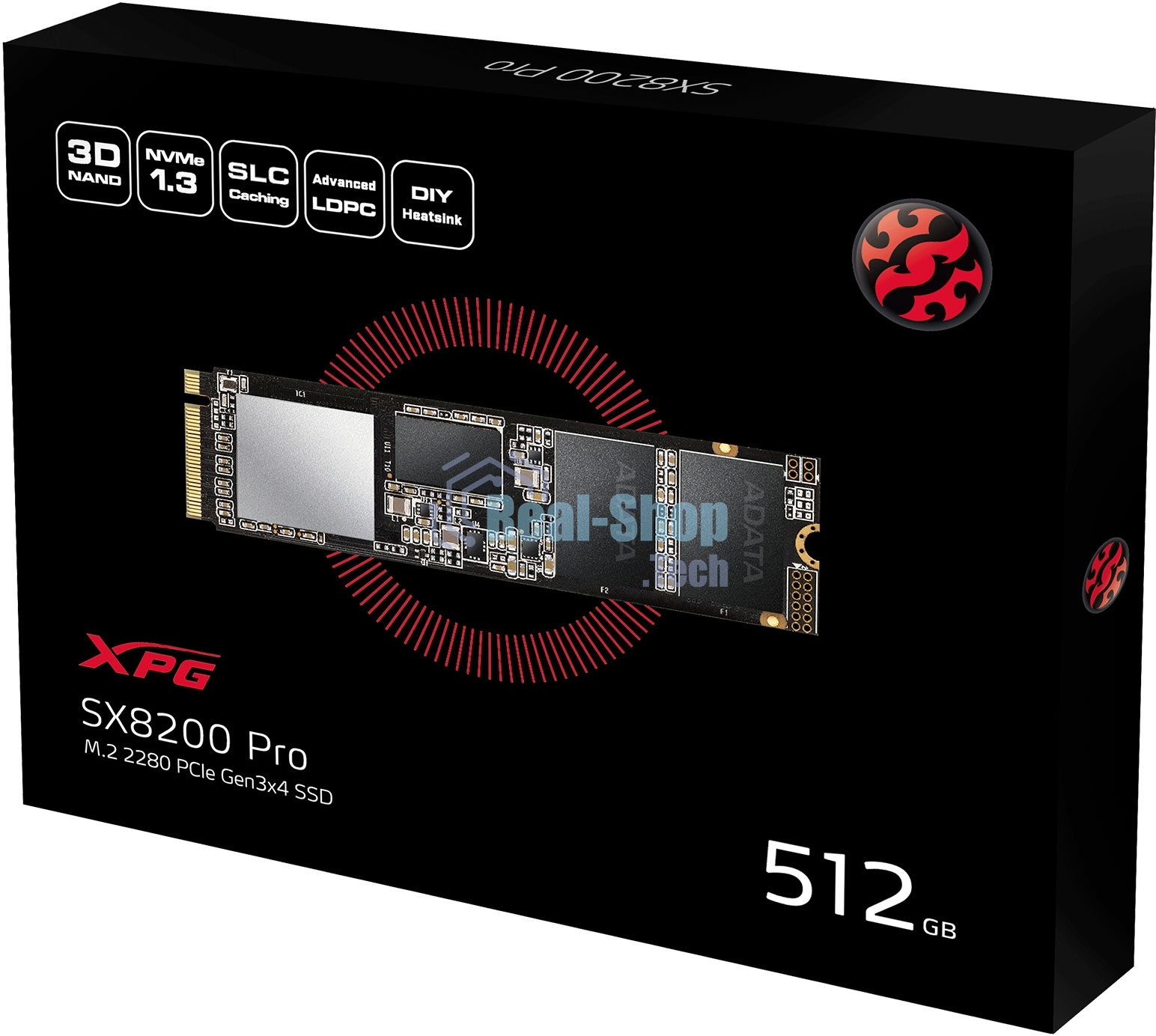 Накопитель SSD XPG SX8200 Pro, 512 Gb, PCIe 3.0 x4, M.2 2280, NVMe, R/W 3350/2350, с радиатором