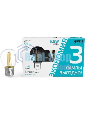 Лампа светодиодная Gauss Basic 1051226T 5.5Вт цок.: E27 шар 240B 4100K св. свеч. белый. ней. (упак.: 3 шт)