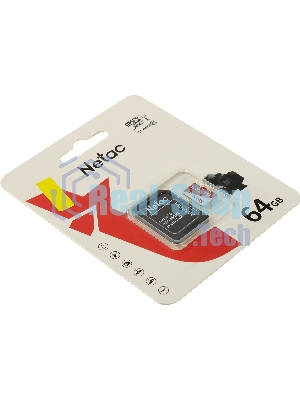 Флеш карта Netac P500 ECO 64Gb MicroSDXC U1/C10 up to 80Mb/s, retail pack with SD Adapter