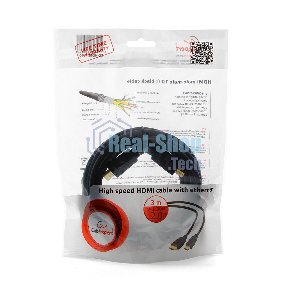 Кабель Cablexpert HDMI CC-HDMI4-10, 19M/19M, v2.0, медь, позол.разъемы, экран, 3м, черный, пакет