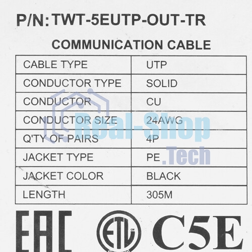 Кабель информационный Lanmaster TWT-5EUTP-OUT-TR кат.5е U/UTP не экранированный 4X2X24AWG PE внешний 305м черный